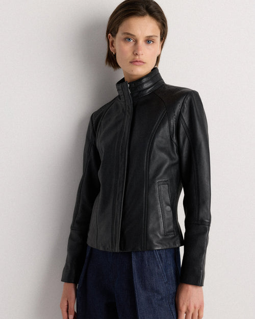 100% Leather Stand-Collar Jacket - XS / True Black