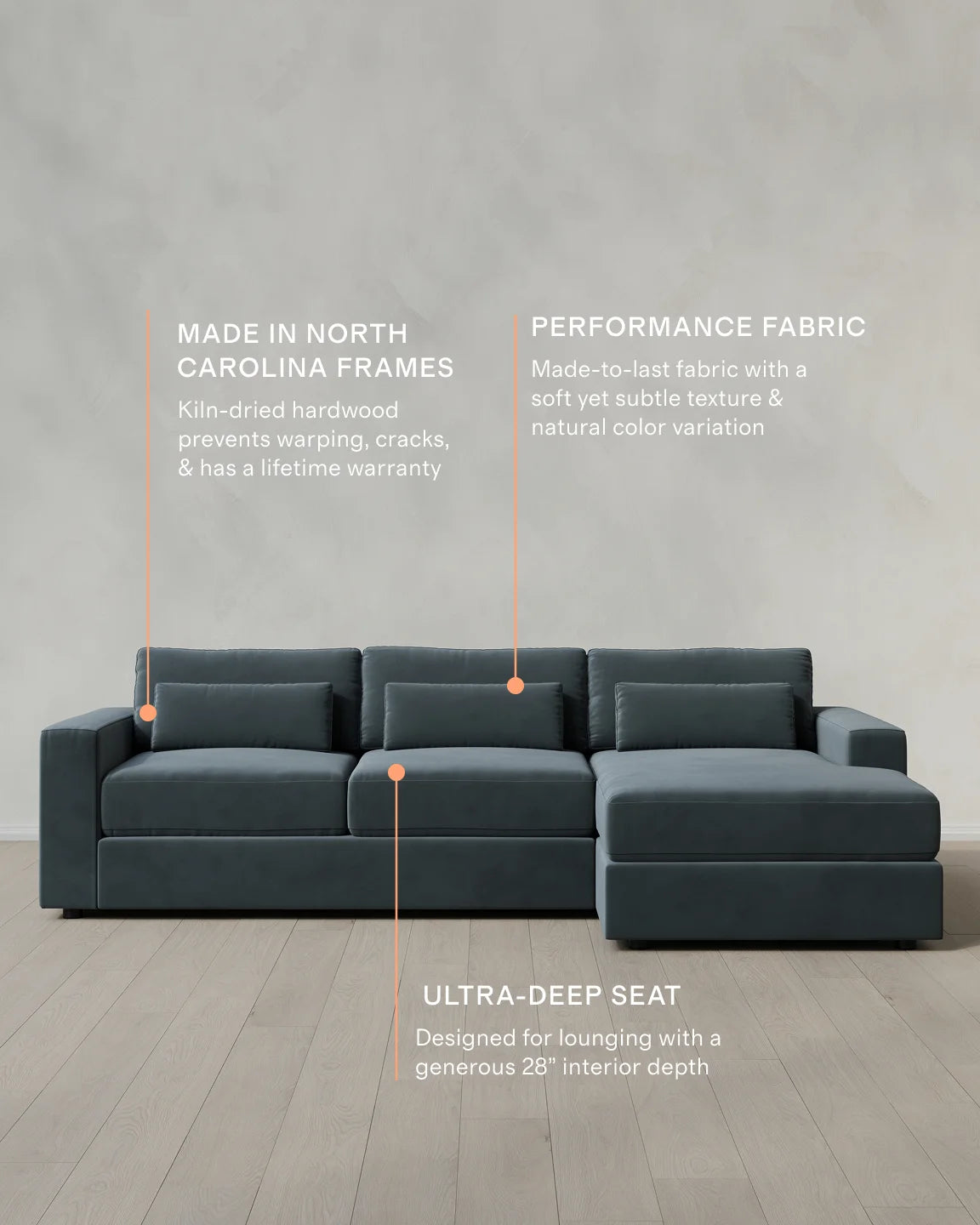 Ashford Deep Seat Chaise Sectional in Performance Velvet - 119" Right Arm / Rust