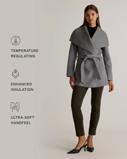 Double-Faced Merino Wool Draped Collar Short Wrap Coat - XS / Cocoa Melange