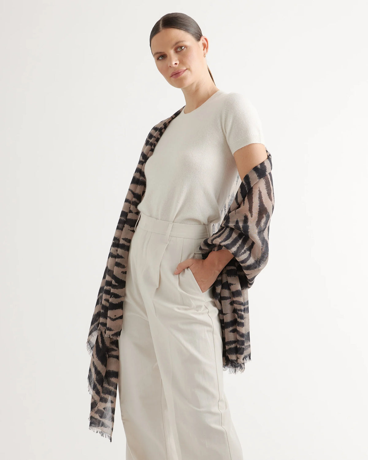 Featherweight Wool Cashmere Frayed Edge Scarf - One Size / Island Sand