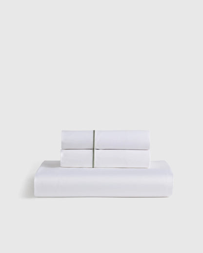 Signature Giza Cotton Sateen Embroidered Fitted Sheet Set - Twin / White/Dried Sage
