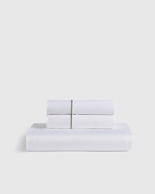 Signature Giza Cotton Sateen Embroidered Fitted Sheet Set - Twin / White/Dried Sage