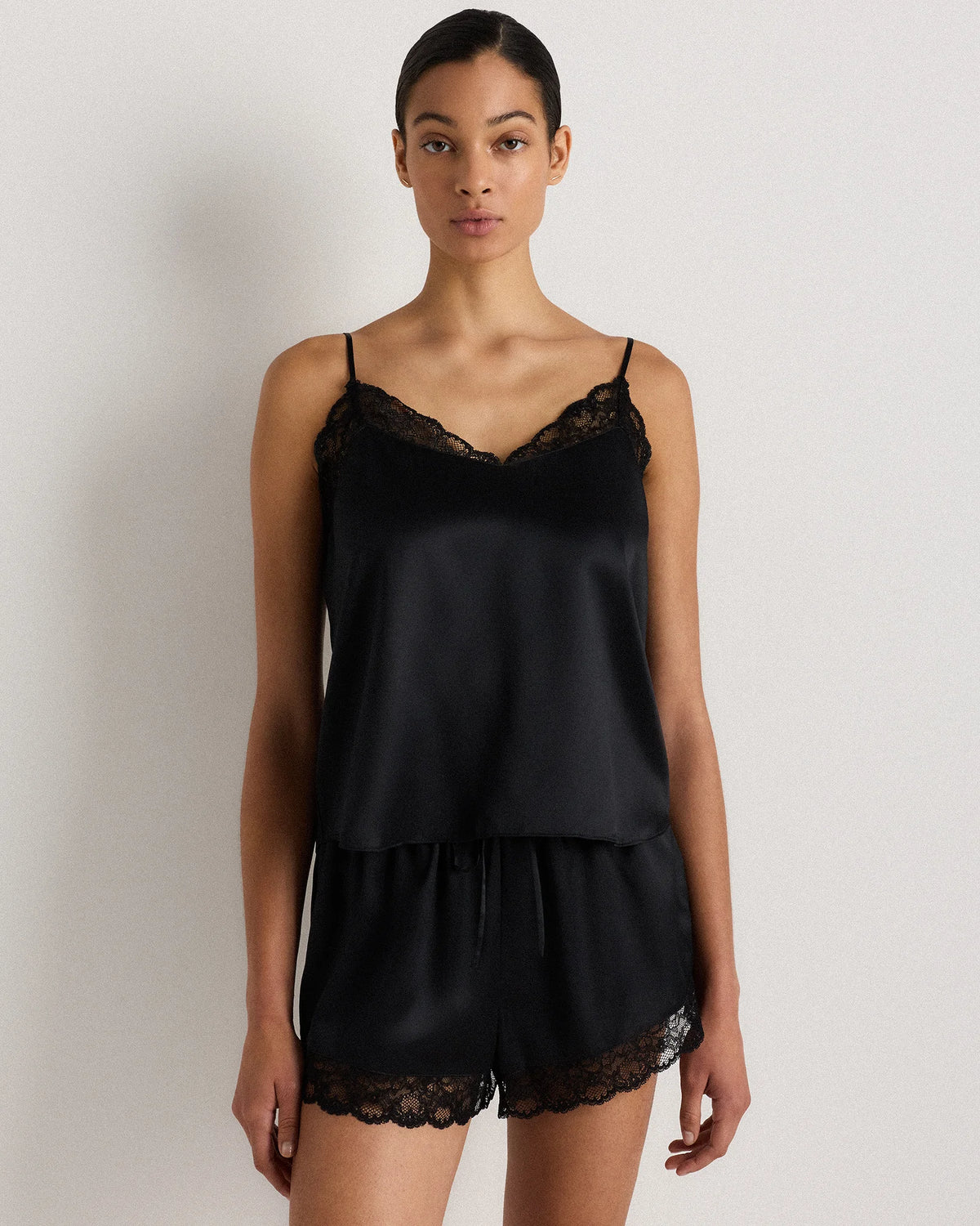 100% Washable Silk Satin Lace Cami Pajama Top - XS / Black