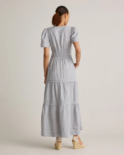 100% European Linen Tiered Maxi Dress - XS / Ivory Porcelain Blue Petite Floral