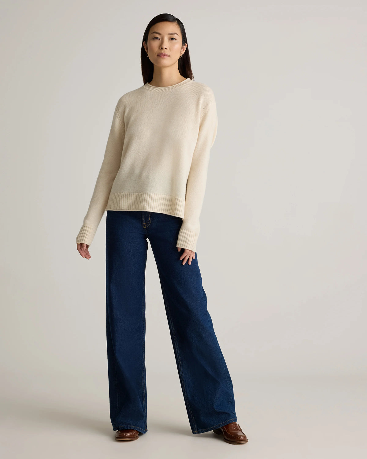 Mongolian Cashmere Boxy Crewneck Sweater - XS / Faded Denim/Brown/Ivory Variegated Stripe