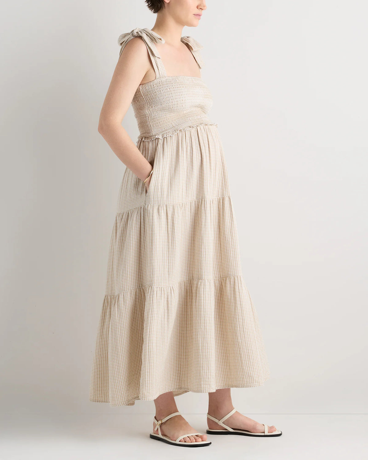 100% Organic Cotton Gauze Smocked Sleeveless Midi Dress - XS / Khaki Gingham
