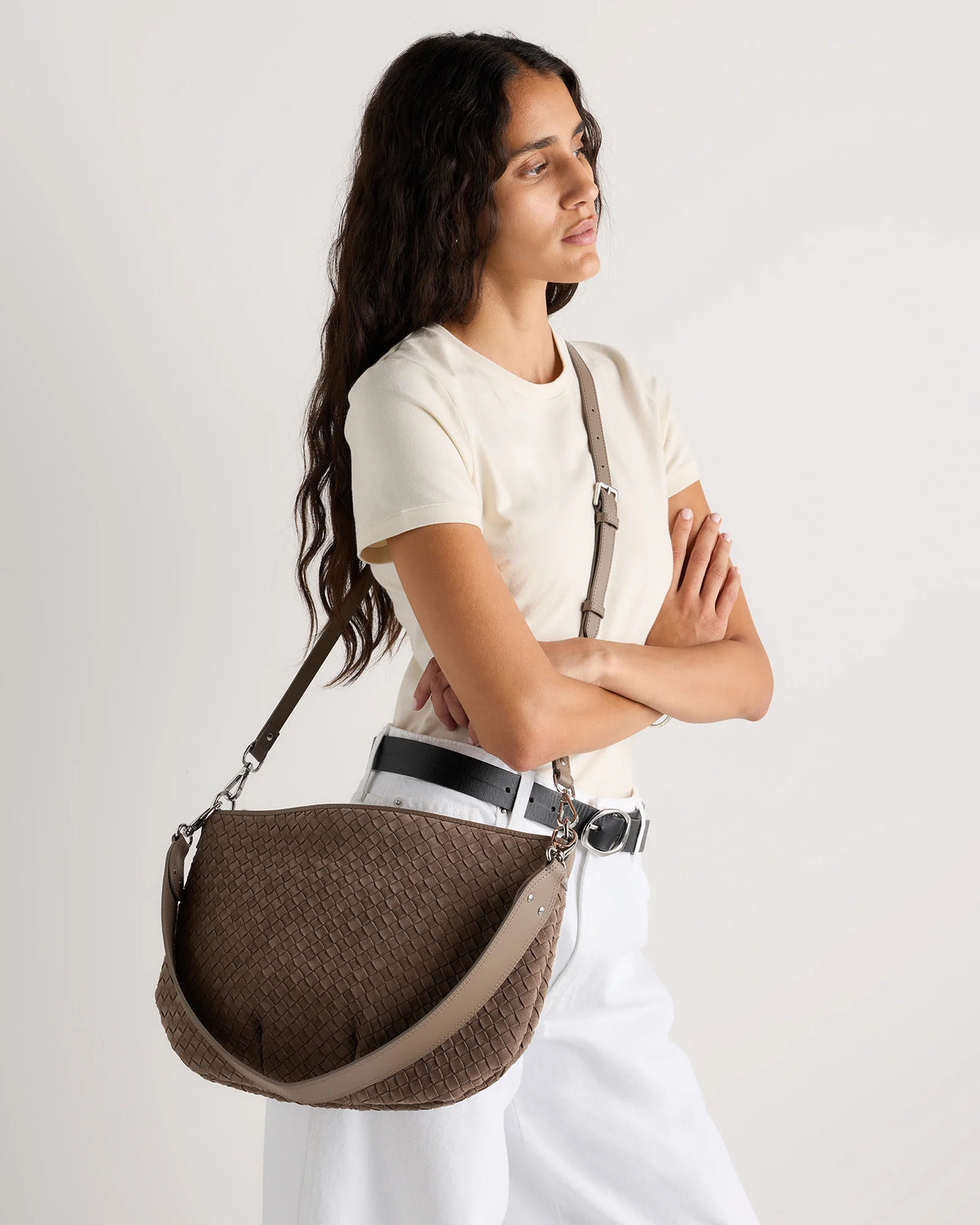 Sloane Suede Handwoven Shoulder Bag - One Size / Sand