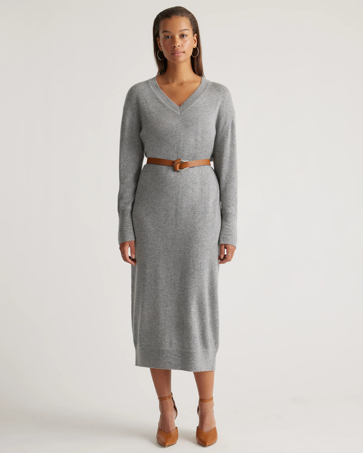 Mongolian Cashmere V-Neck Midi Sweater Dress - XS / Brown