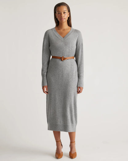 Mongolian Cashmere V-Neck Midi Sweater Dress - XS / Brown