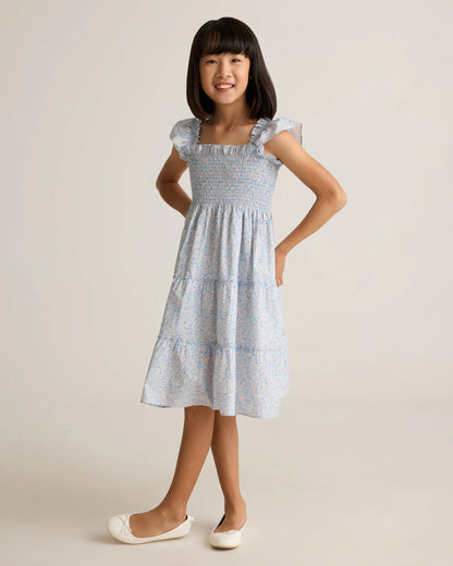 100% Organic Cotton Poplin Smocked Dress - 6 / Apricot Ditsy Floral