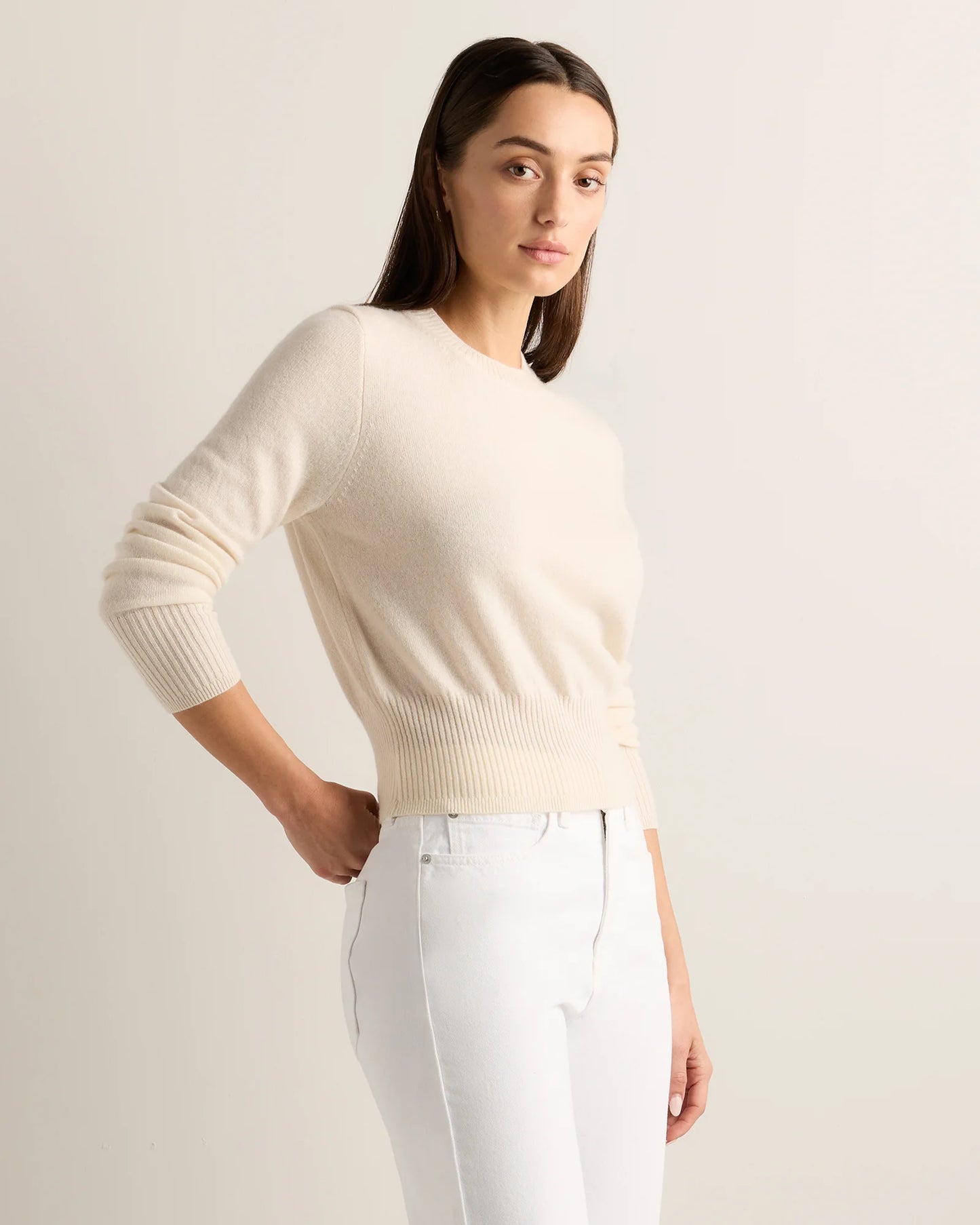 Mongolian Cashmere Shrunken Crewneck Sweater - XS / Ivory
