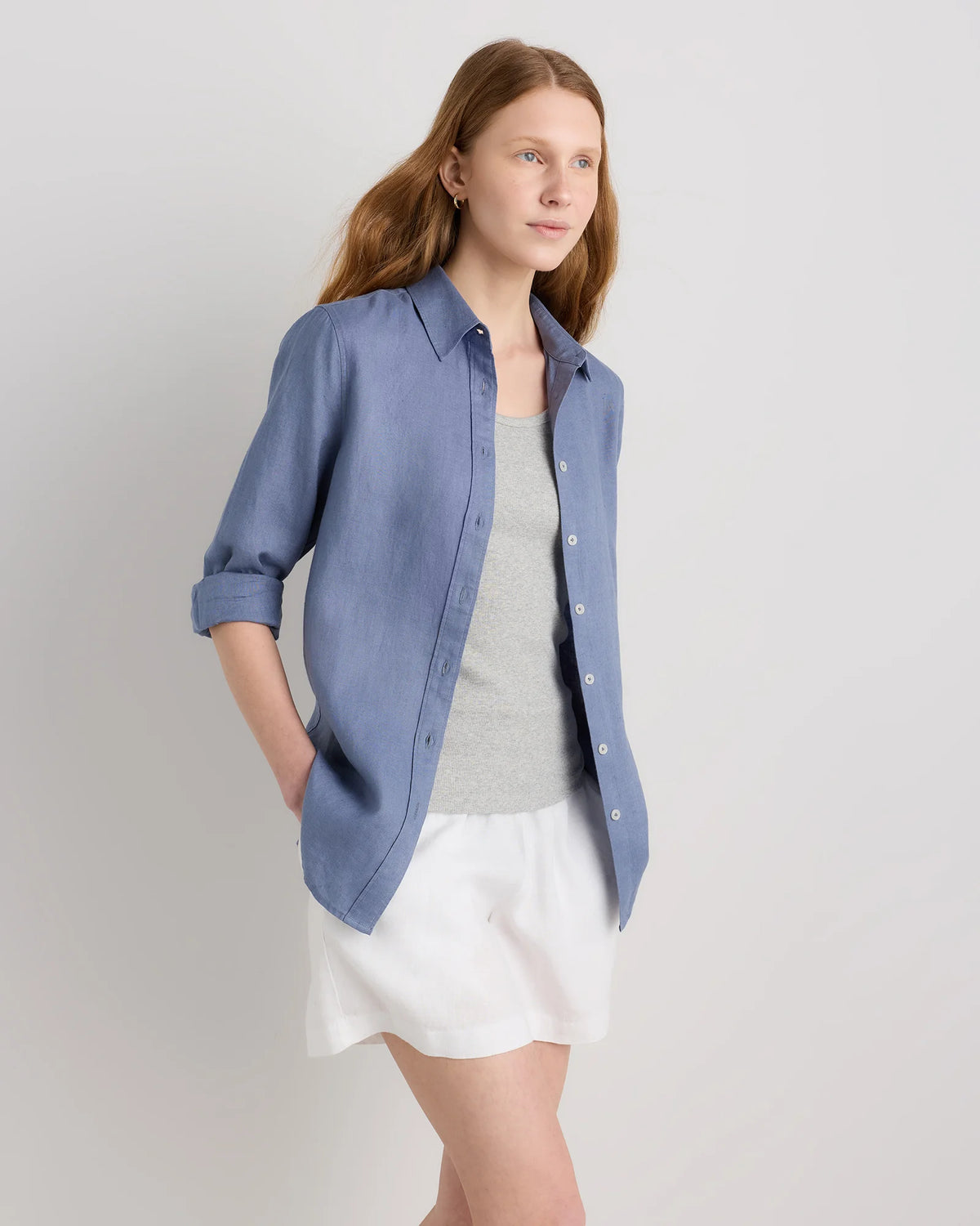 100% European Linen Long Sleeve Shirt - XS / Blue Pinstripe
