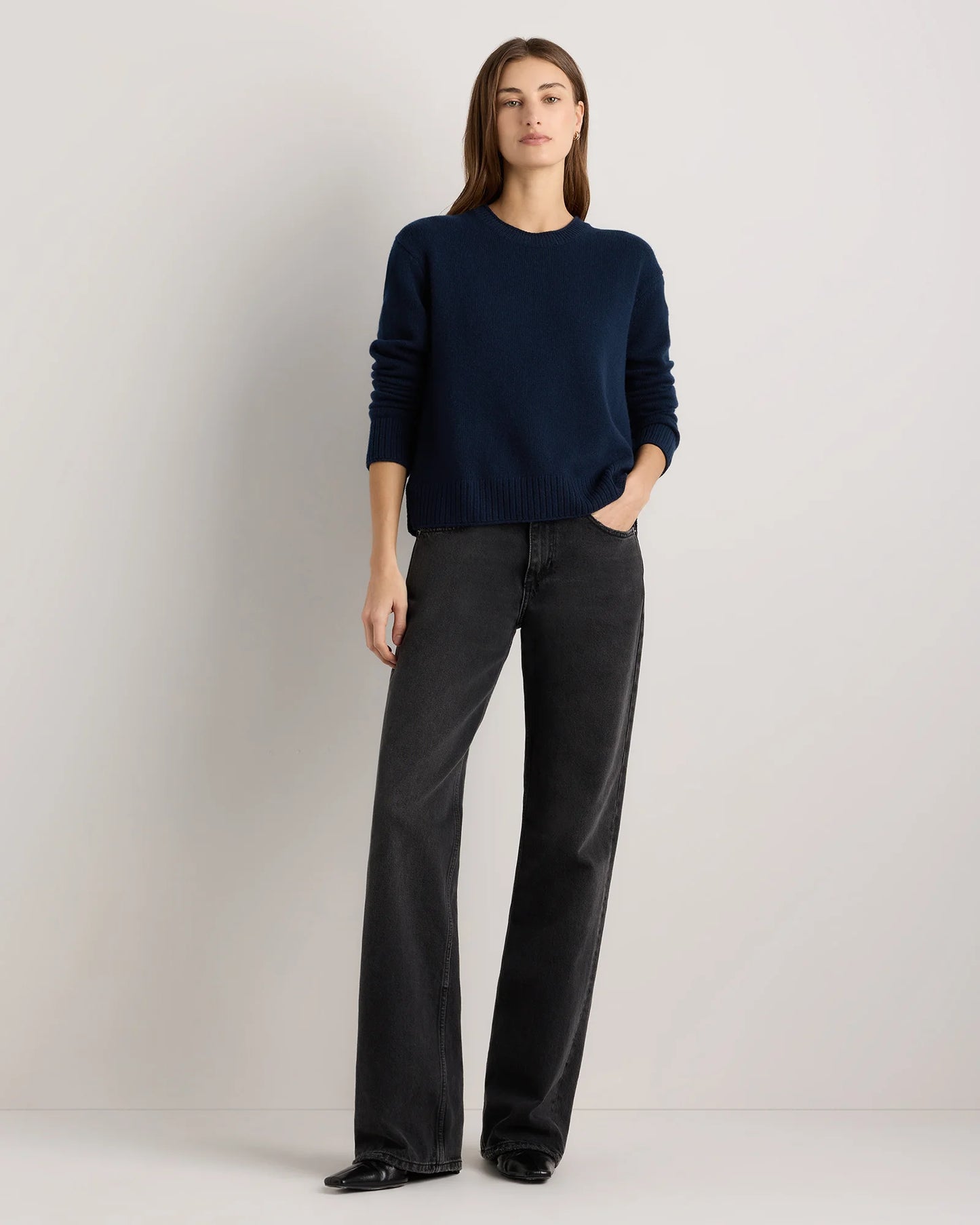 Mongolian Cashmere Boxy Crewneck Sweater - XS / Faded Denim/Brown/Ivory Variegated Stripe