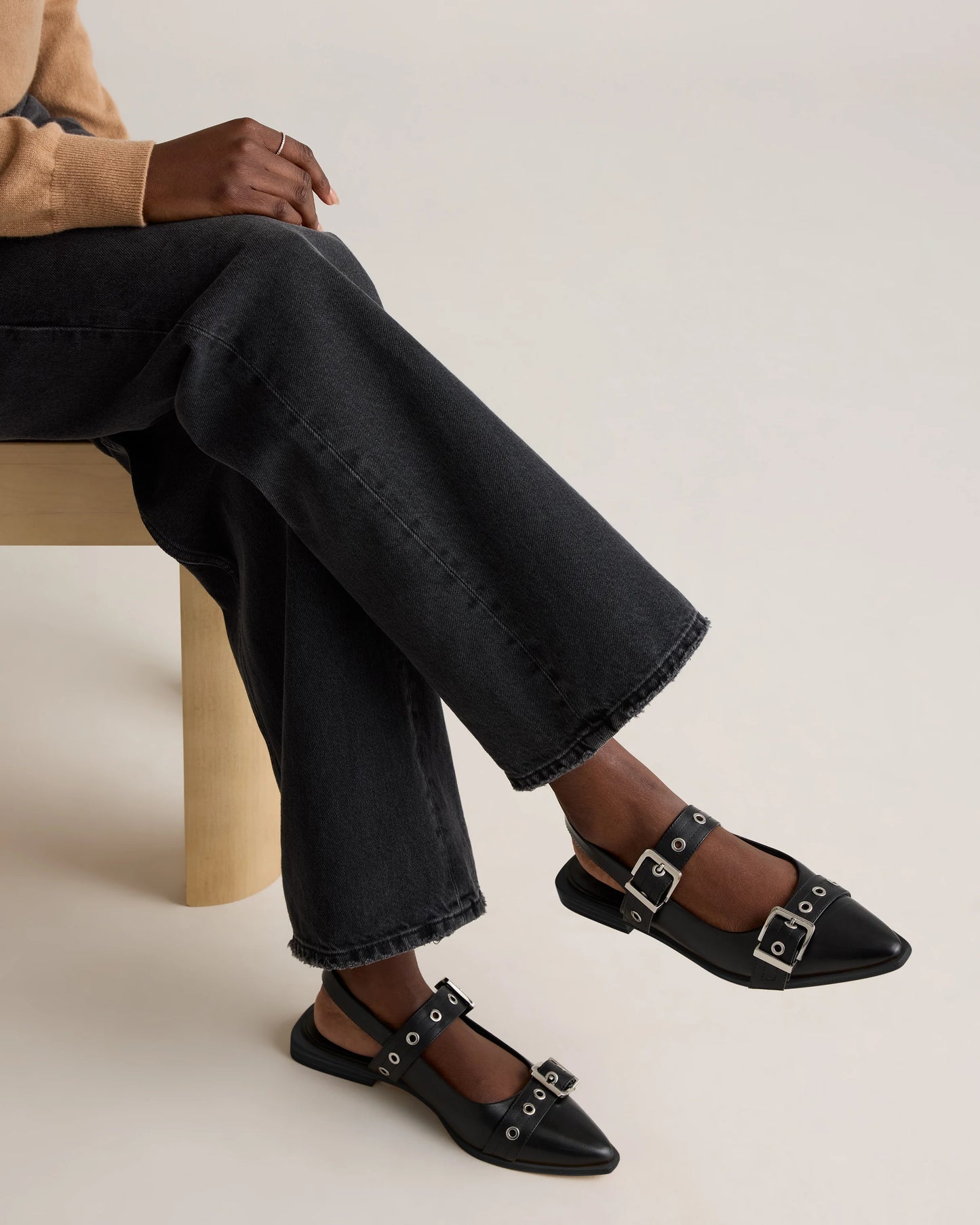 Italian Leather Bold Buckle Slingback Flat - 5 / Black