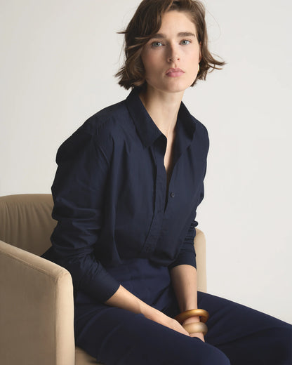 100% Organic Cotton Poplin Long Sleeve Shirt - XS / Delta Blue Double Stripe