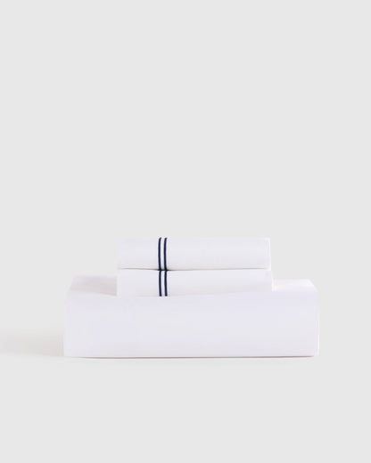 Organic Crisp Percale Embellished Fitted Sheet Set - Twin / White/Navy