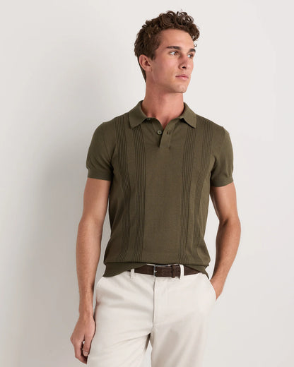 Cotton-Silk Ribbed Short Sleeve Sweater Polo - S / Speckled Beige