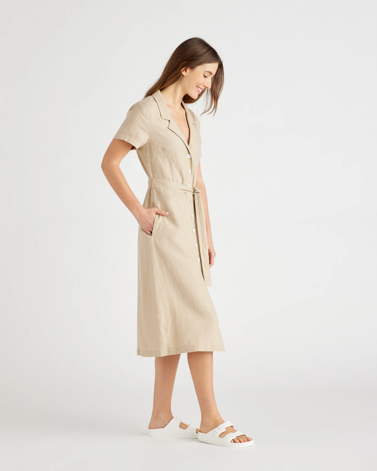 100% European Linen Button Front Dress - XS / Sky Blue Mariner Stripe