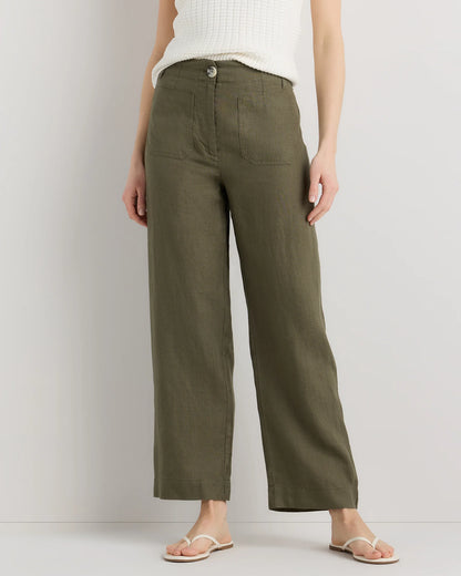 100% European Linen Patch Pocket Wide Leg Pants - 0 / Taupe Brown Chambray