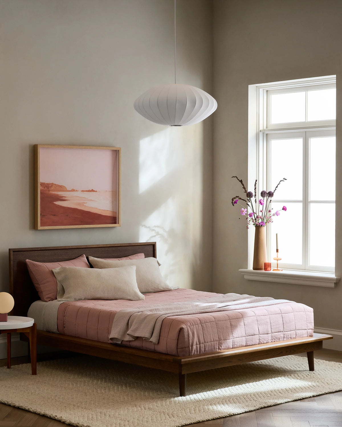 Solid Wood Midcentury Platform Bed - Queen / Chestnut Ash