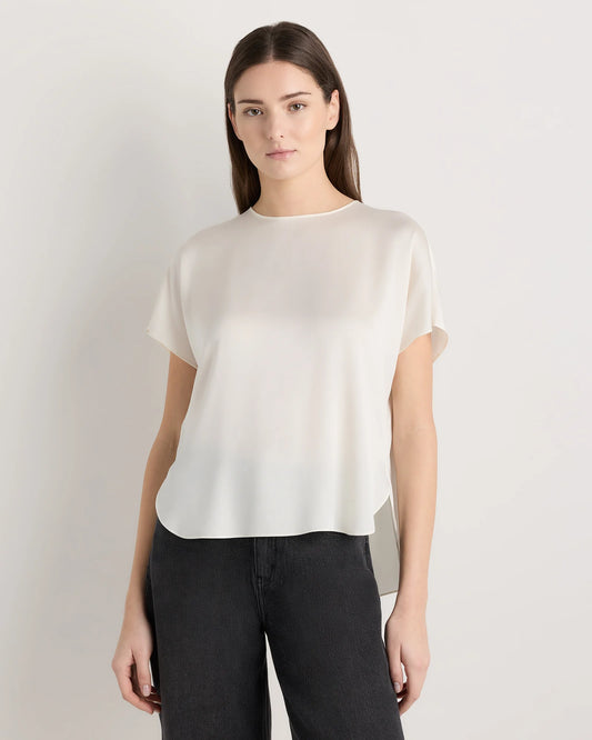 Washable Stretch Silk Split Hem Tee - XS / Ivory