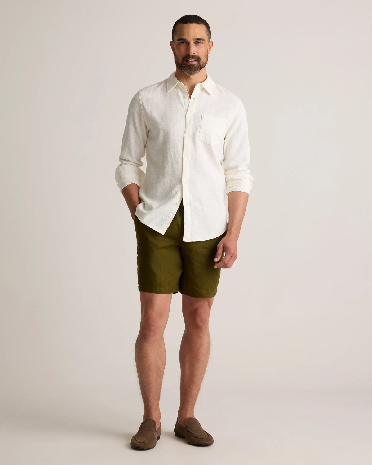 100% European Linen Shorts - 8" - S / Martini Olive