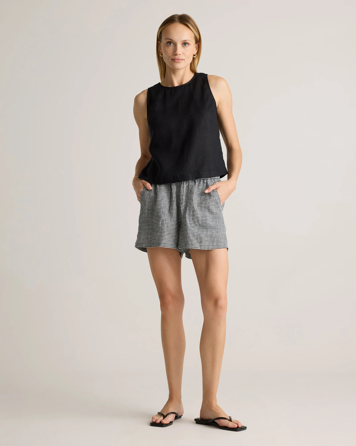 100% European Linen Cropped Tank - XS / Taupe Brown Gingham
