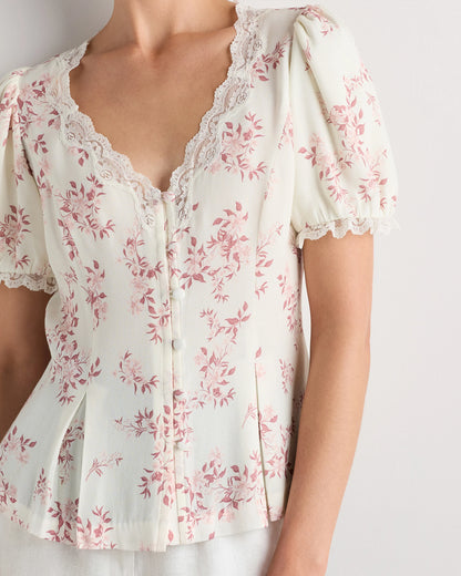 Lightweight Crepe Lace Puff Sleeve Blouse - XS / Ivory Rose Pink Petite Floral