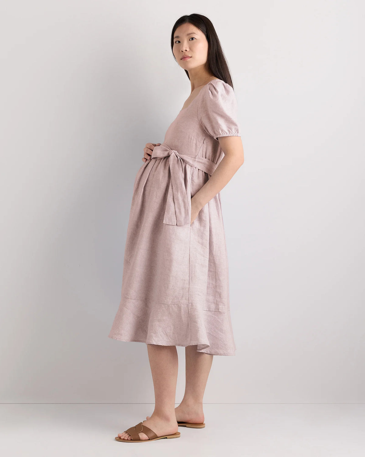 100% European Linen Maternity Short Sleeve Midi Dress - XS / Ivory Porcelain Blue Petite Floral