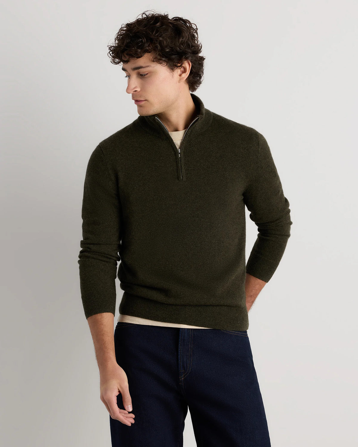 Mongolian Cashmere Quarter Zip Sweater - S / Olive Twist
