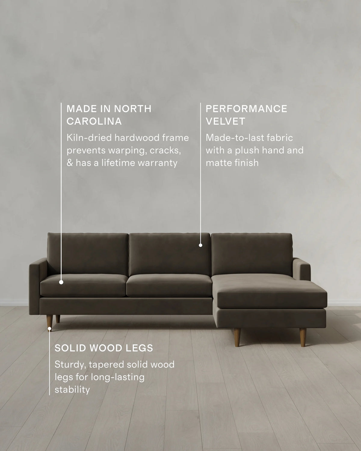 Atlas Midcentury Chaise Sectional in Performance Velvet - 106" Right Arm / Pine