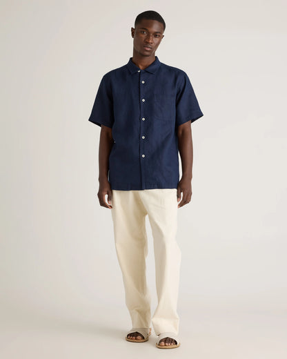100% European Linen Camp Shirt - XS / Sky Blue Mariner Stripe