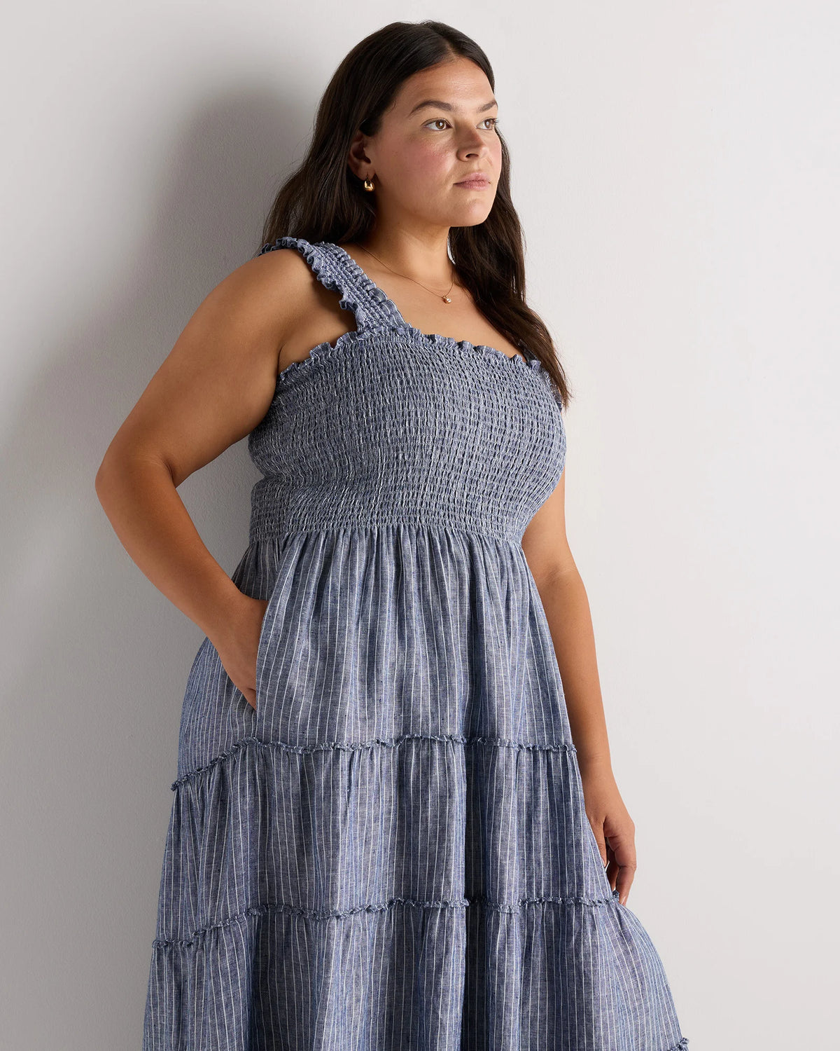 100% European Linen Smocked Midi Dress - 1X / Flax