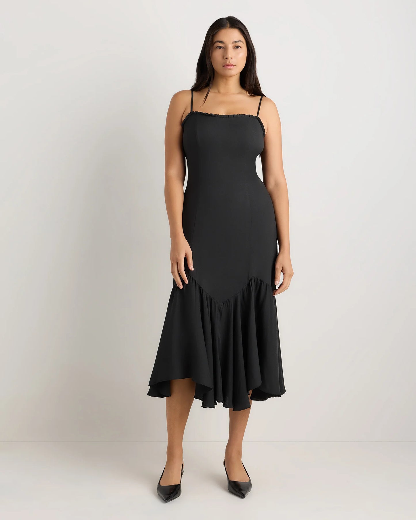 Lightweight Crepe Pleated Hem Midi Dress - XS / Deep Navy