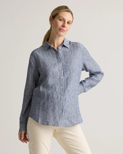 100% European Linen Maternity Long Sleeve Shirt - XS / Blue Pinstripe