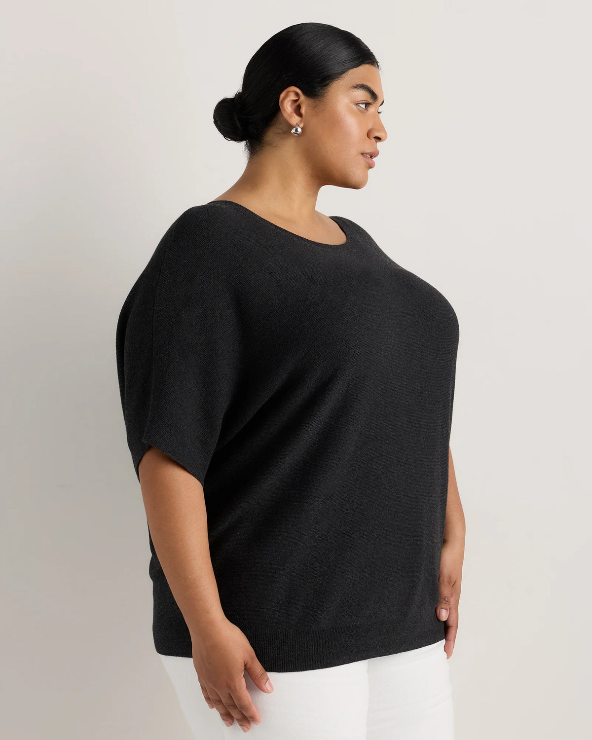 Lightweight Cotton Cashmere Link-Stitch Dolman Sweater - 1X / Orchid Blue Mini Stripe