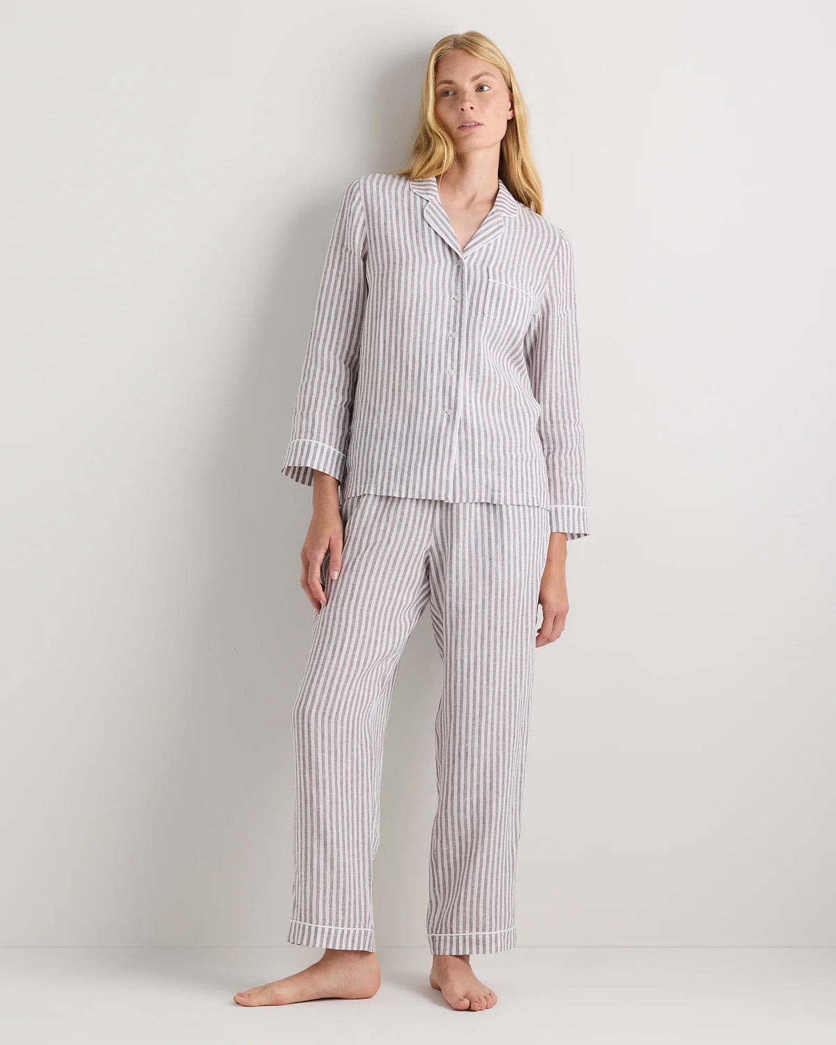 100% European Linen Long Sleeve Pajama Set with Piping - XS / Taupe Brown Gingham