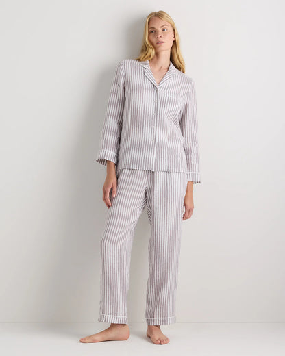 100% European Linen Long Sleeve Pajama Set with Piping - XS / Taupe Brown Gingham