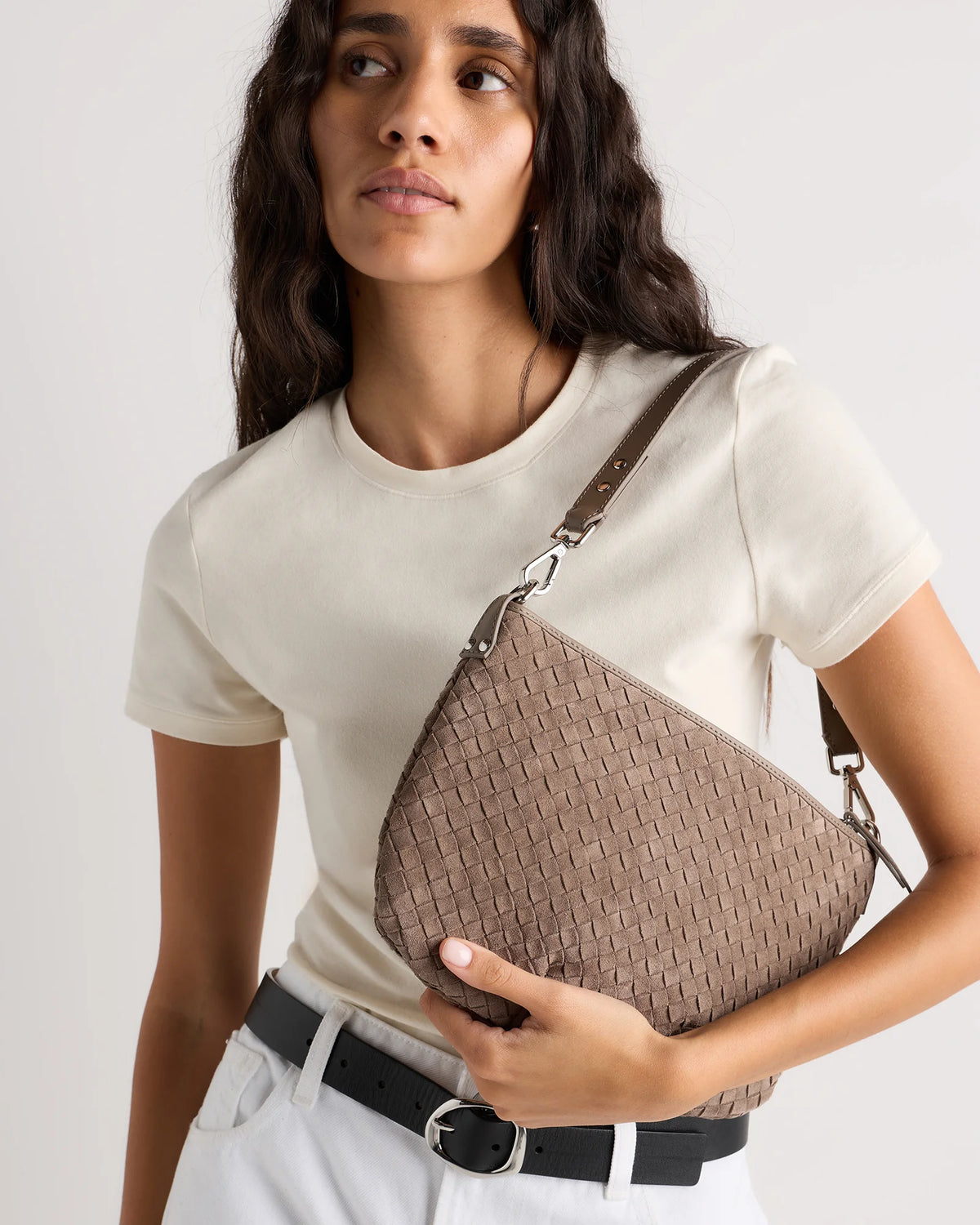 Sloane Suede Handwoven Mini Shoulder Bag - One Size / Pebble