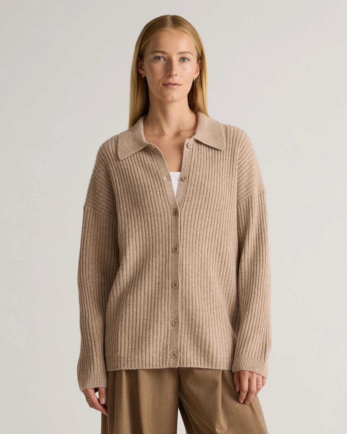 Mongolian Cashmere Wide-Rib Oversized Collared Cardigan - XS / Oatmeal
