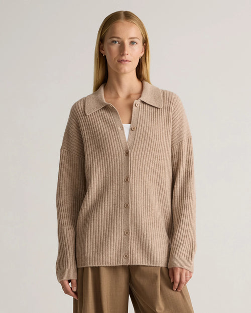Mongolian Cashmere Wide-Rib Oversized Collared Cardigan - XS / Oatmeal