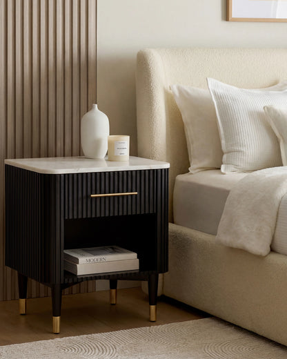 Fluted Wood and Genuine Marble Open Nightstand - One Size / Cream/Black