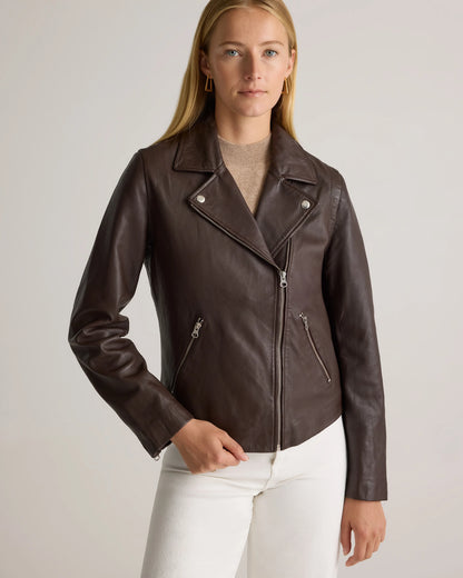 100% Washed Leather Biker Jacket - XS / Brown