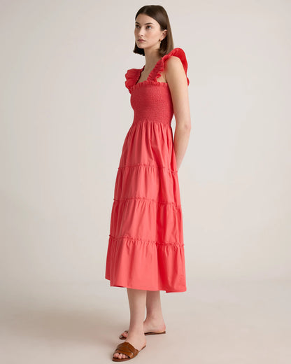 100% Organic Cotton Poplin Smocked Midi Dress - XS / Riviera Blue Heirloom Floral