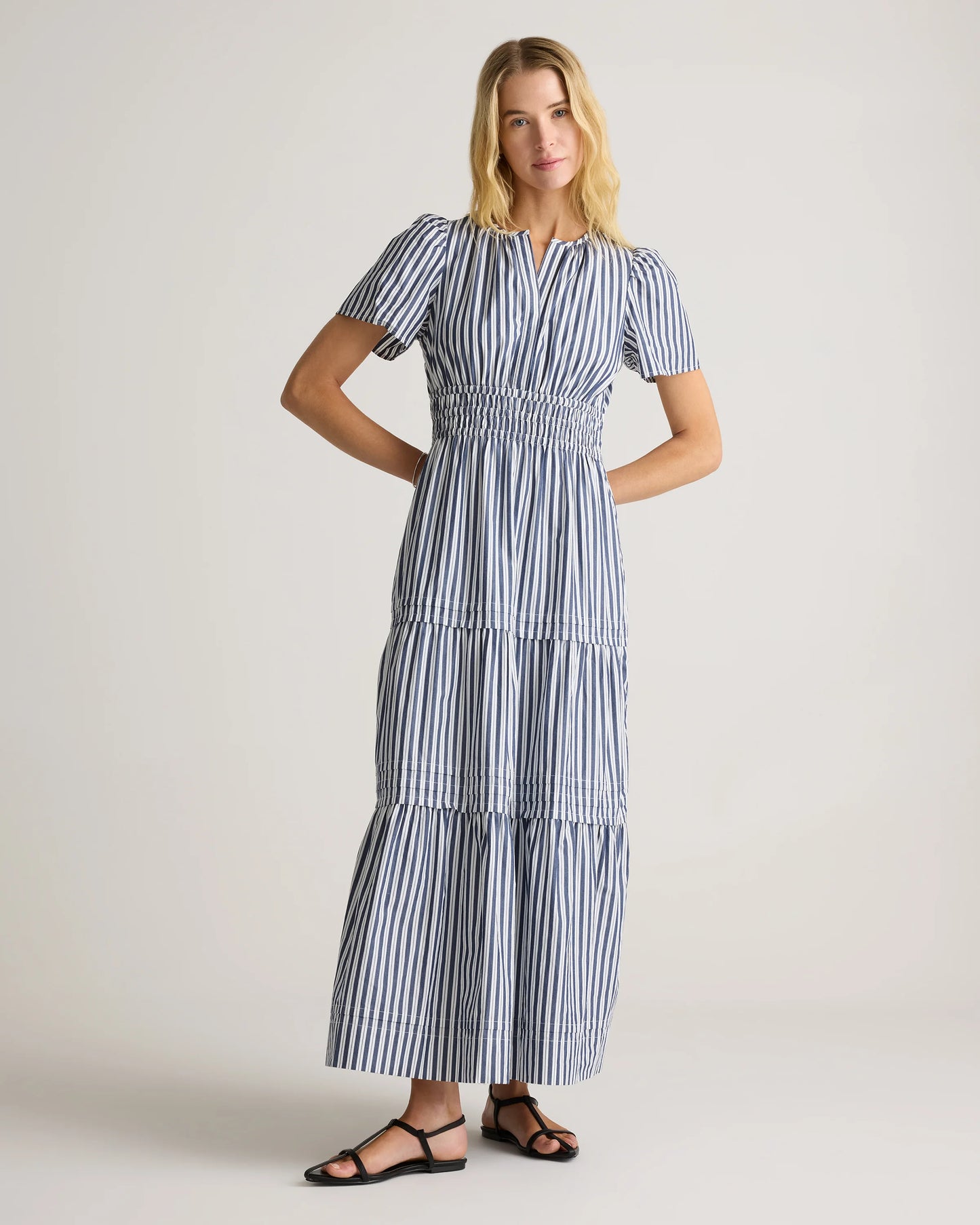 100% Organic Cotton Poplin Tiered Maxi Dress - XS / Riviera Blue Heirloom Floral