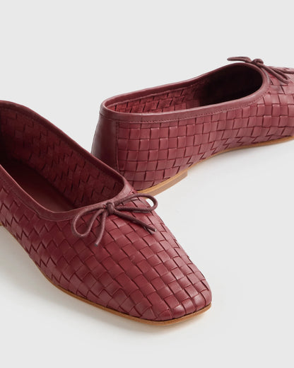 Italian Leather Handwoven Square Toe Ballet Flat - 5 / Cognac