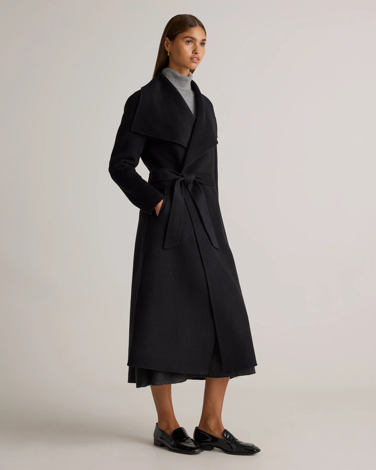 Double-Faced Merino Wool Draped Collar Wrap Coat - XS / Oat
