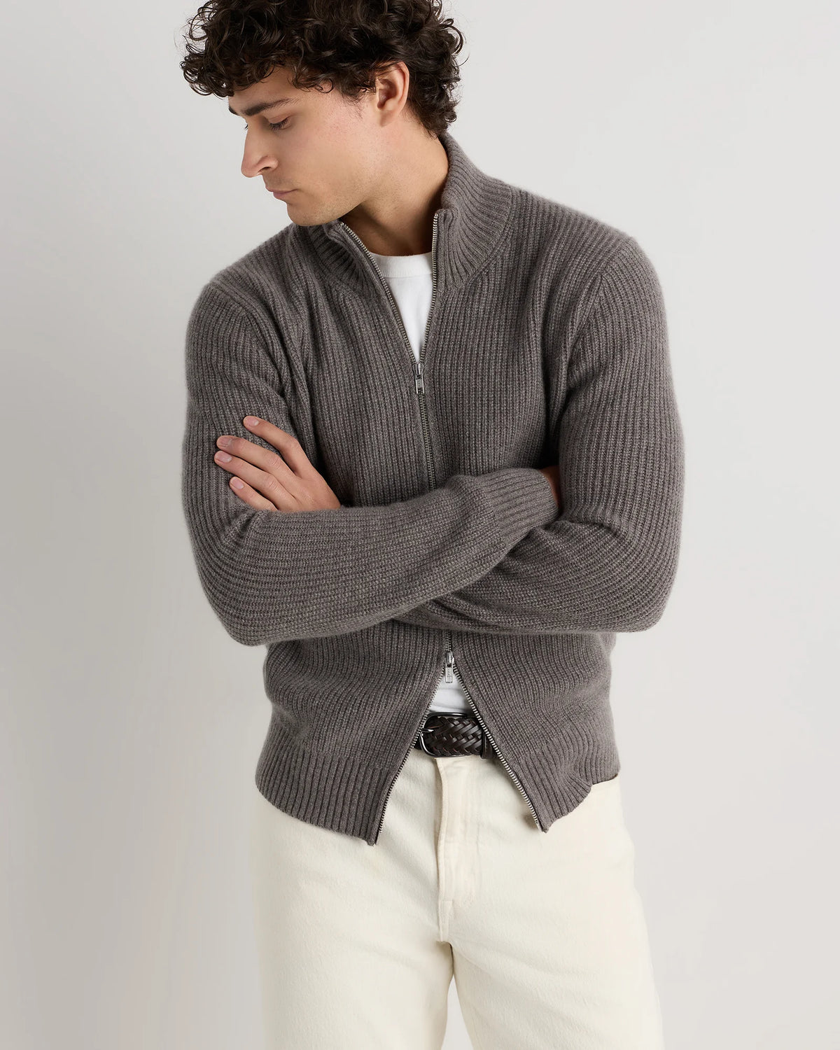 Mongolian Cashmere Fisherman Full Zip Sweater - S / Teak