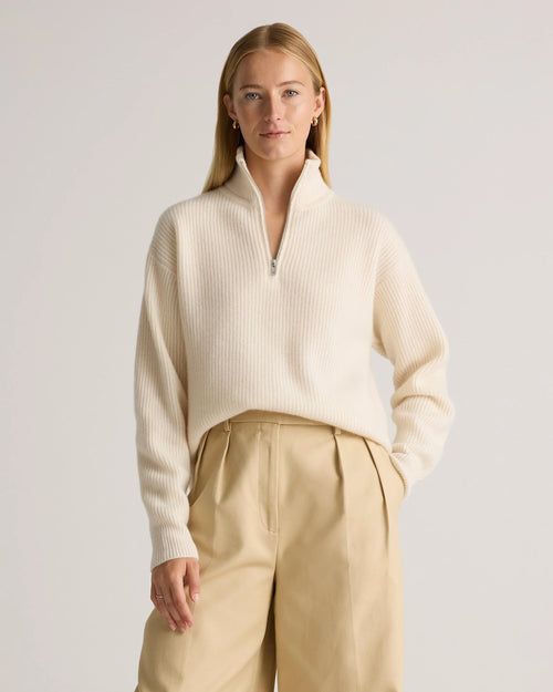 Mongolian Cashmere Fisherman Quarter Zip Sweater - XS / Ivory