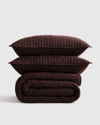 European Linen Cotton Stitch Quilt Set - Twin / Stone